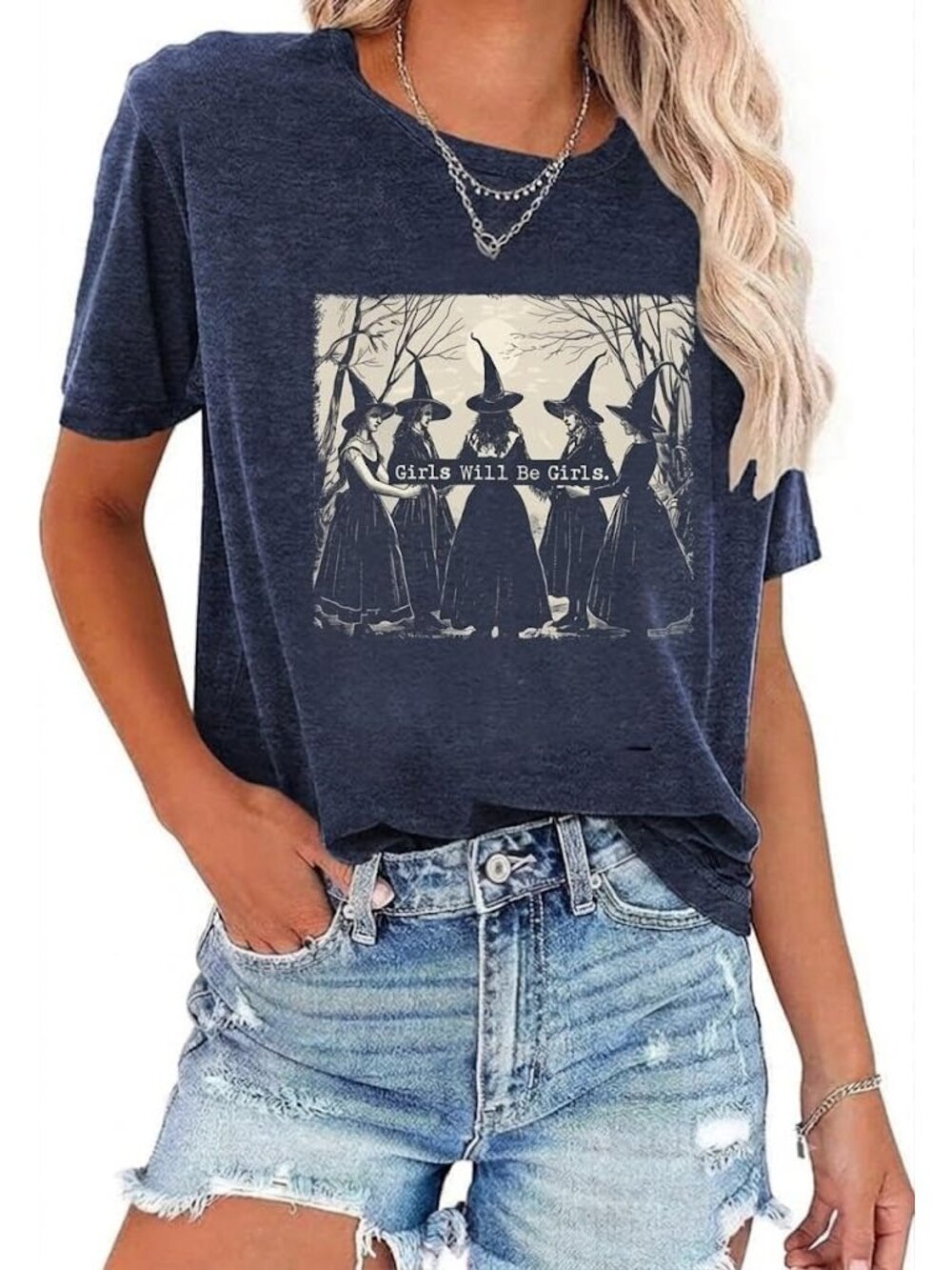 Women's Navy Round Neck Short Sleeve Halloween Horror Graphic Tee Shirts